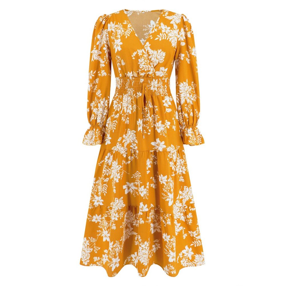 Floral Skirt V-Neck Waistband Long Sleeve Floral Skirt Dress